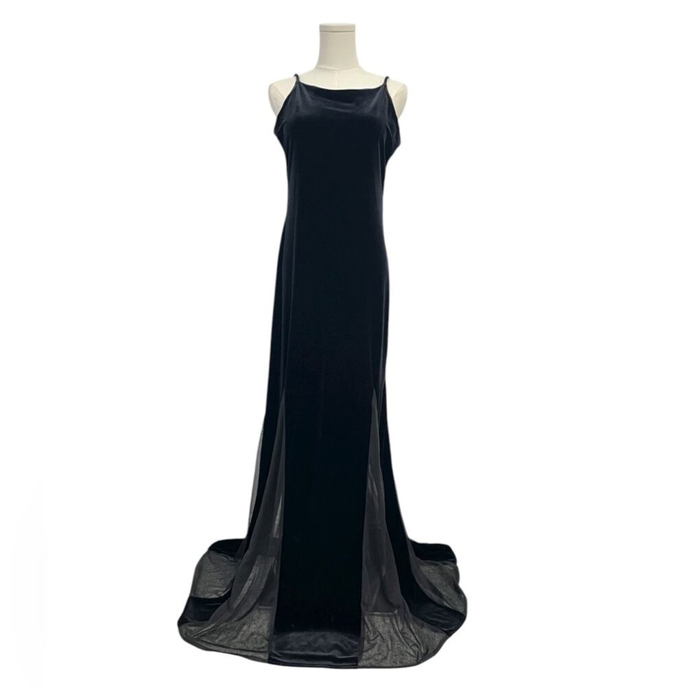 Vintage Onyx Nite 90s Black Velvet Sheer Maxi Dress 10 Whimsigoth Grunge Fairy